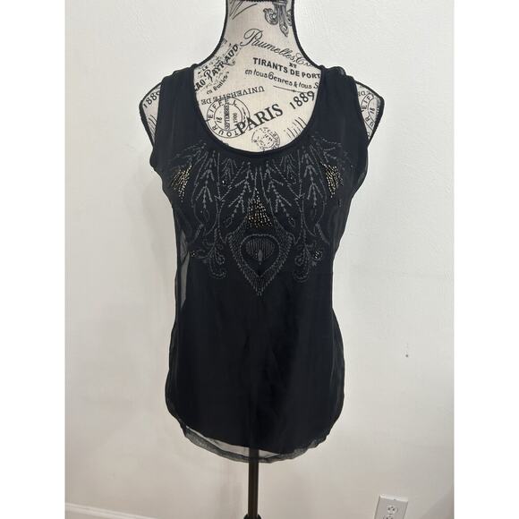 Cynthia Rowley Black Sheer Embroidered Tank Dark Romantic Boho Lux Size Large - Picture 1 of 3
